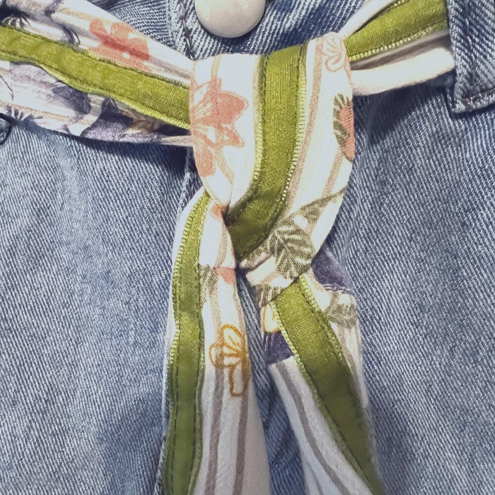 Handmade Upcycled Denim Jean Skirt-Sz. Small-Blue/Green/Floral Long Slit Skirt - Picture 3 of 12